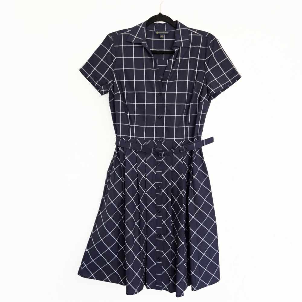 Brooks Brothers Navy and White Windowpane Belted Shirt Dress